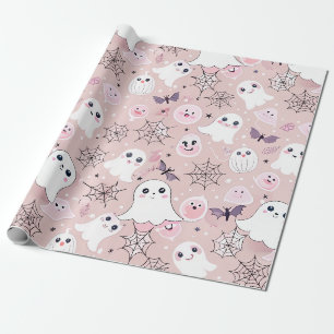 Papel De Presente Fantasmas Rosa e Elementos do Dia das Bruxas Sem F