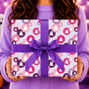Papel De Presente Fantasmas Rosa Roxo Círculo Halloween