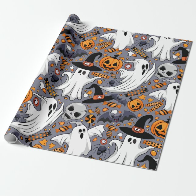 Papel De Presente Fantasmas Spooky e Monstros Cute Assustadores (Desenrolado)