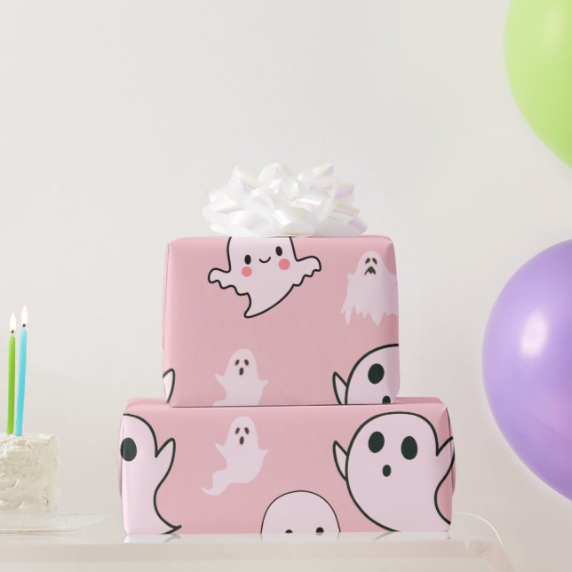 Papel De Presente Fantasminhas Brancas Super Fofas de Halloween Rosa (Presentes para festas)