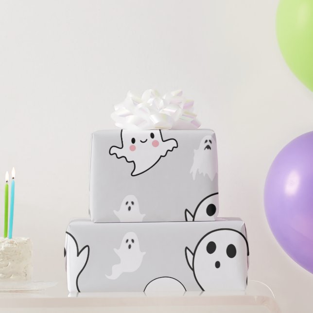 Papel De Presente Fantasminhas Brancas Super Fofos Cinza Claro Hallo (Presentes para festas)
