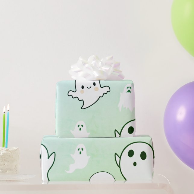 Papel De Presente Fantasminhas Brancas Super Fofos no Verde Claro de (Presentes para festas)