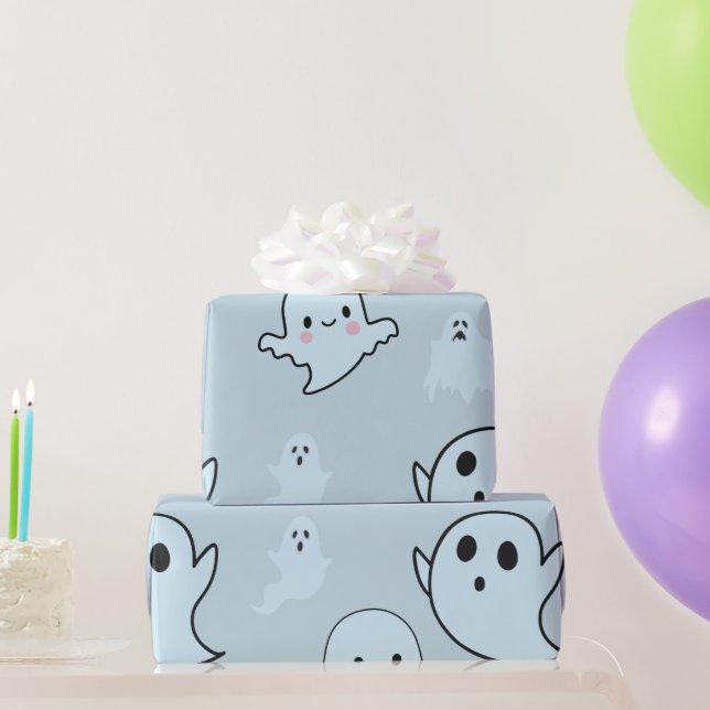Papel De Presente Fantasminhas Brancas Super Fofos no Verde Hallowee (Presentes para festas)