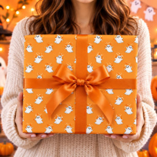 Papel De Presente Fantasminhas Lindos Padrão de Halloween Laranja