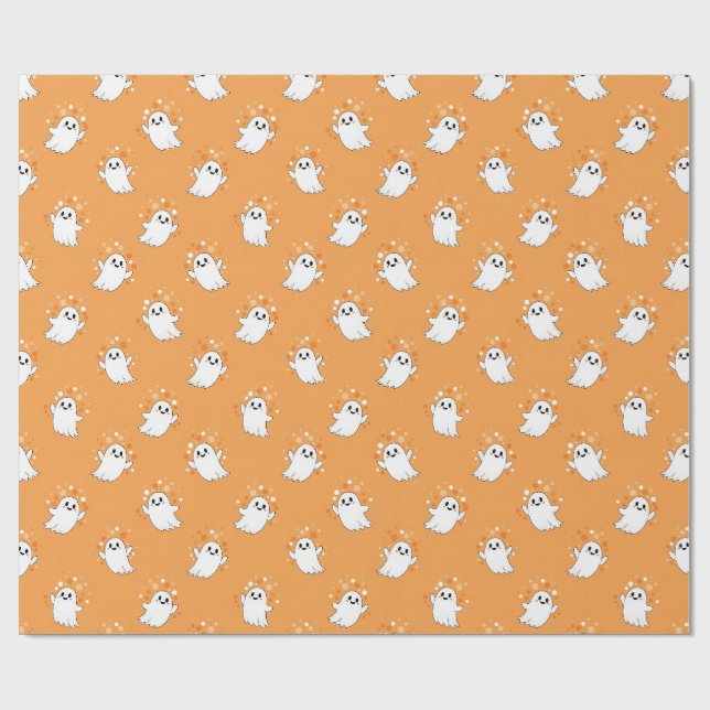 Papel De Presente Fantasminhas Lindos Padrão de Halloween Laranja (Aberto)