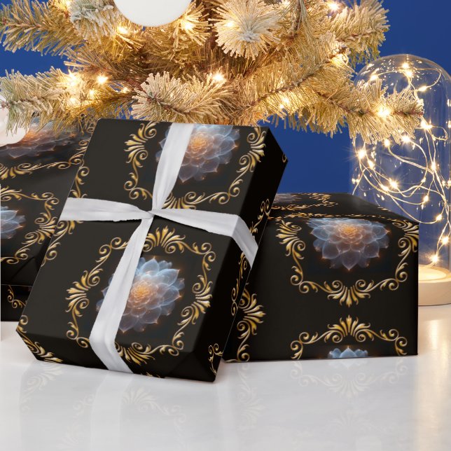 Papel De Presente Fantasy Flor Romântico e Quadro Dourado (Feriados)