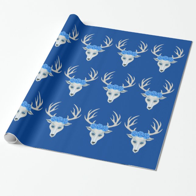 Papel De Presente Fantasy Head of White Deer Blue Rosas Antlers (Desenrolado)