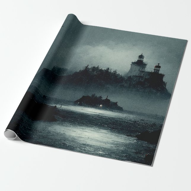 Papel De Presente Fantasy Island Lighthouse Misty Foggy Dark Night (Desenrolado)