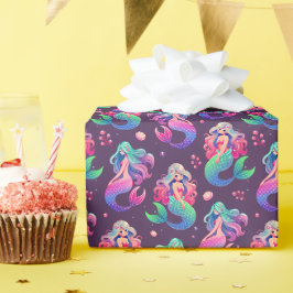 Papel De Presente Fantasy Sereia Padrão com Elementos Submarinos