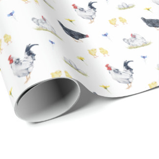 Papel De Presente Farmhouse Style Watercolor Hens, Roosters & Pintin