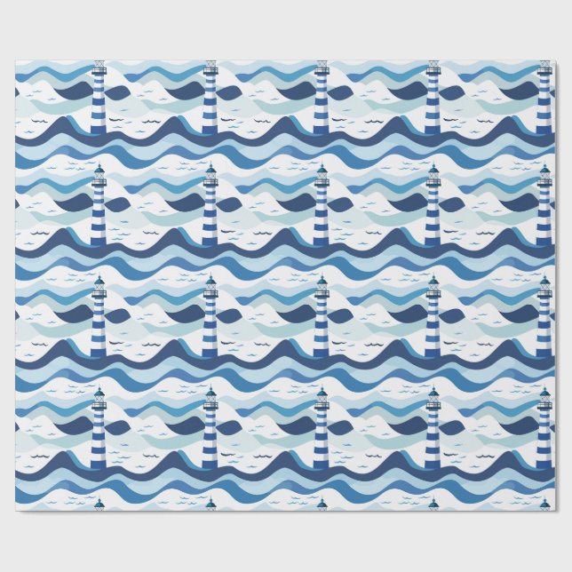 Papel De Presente Farol Azul e Branco Náutico  (Aberto)