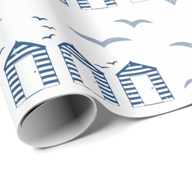 Papel De Presente Farol e Algodão de Praia Azul Branco Náutico (Ponta do rolo)