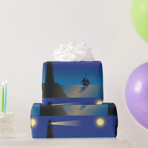 Papel De Presente Farol e veleiro à noite Oceano iluminado pela Lua