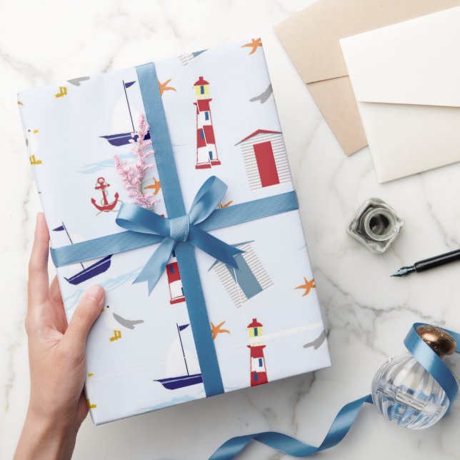 Papel De Presente Farol Náutico e Design Costeiro de Âncora (Presentear)