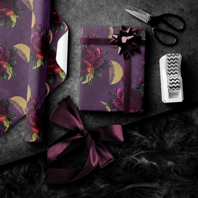 Papel De Presente Fases da Lua e Rosas roxas | Nova Era Garganta (Criador carregado)