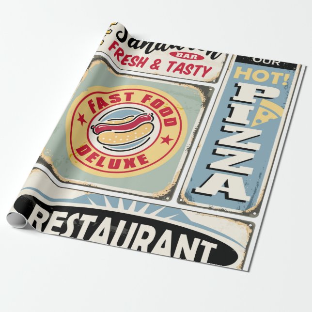 Papel De Presente Fast food restaurants and diners retro signs colle (Desenrolado)