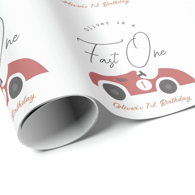 Papel De Presente Fast One Red Race Car Boy 1st Birthday (Ponta do rolo)