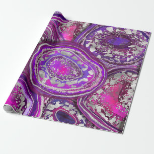 Papel De Presente Fatias de Ágata Roxa e Prata em Aquarela Elegante