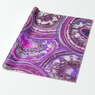 Papel De Presente Fatias de Ágata Roxa e Prata em Aquarela Elegante