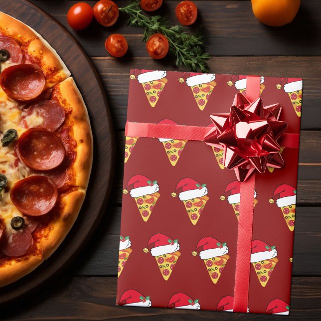 Papel De Presente Fatias Engraçadas de Pizza de Natal em Vermelho Sa (Criador carregado)