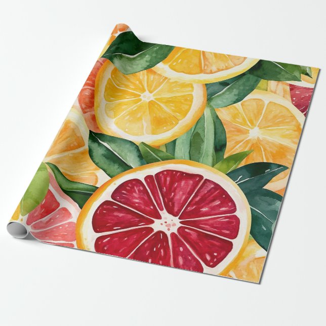 Papel De Presente Fatias Tropicais De Frutas De Laranja Citrino (Desenrolado)