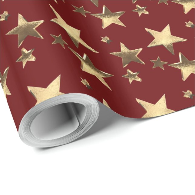 Papel De Presente Faux Douradas Estrelas de Natal Padrão Vermelho Bo (Ponta do rolo)
