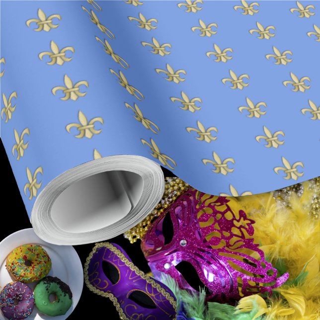 Papel De Presente Faux Dourado FleurDeLis em Azul (Faux Gold FleurDeLis on Blue Wrapping Paper Roll by Leapfroglisics Shop)