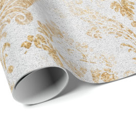 Papel De Presente Faux Dourado Floral Cottage Grungy Damask Cinza Ro