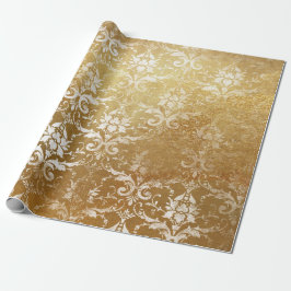 Papel De Presente Faux Dourado Floral Cottage Grungy Damask White Ro