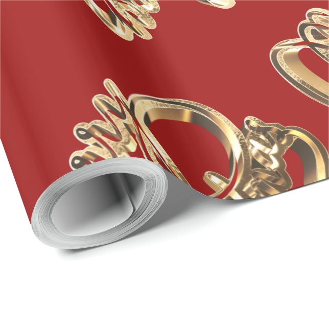 Papel De Presente Faux Gold Foil Script Chic Red Christmas (Ponta do rolo)