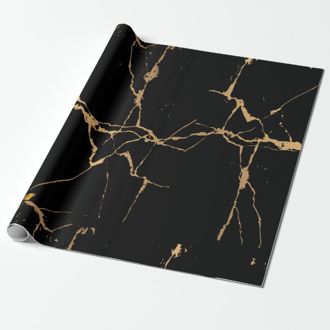 Papel De Presente Faux Marble Black Dourado (Desenrolado)