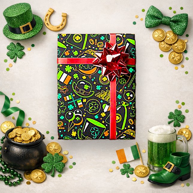 Papel De Presente Faux Neon St. Patrick’s Day Irish Icon Pattern (Criador carregado)