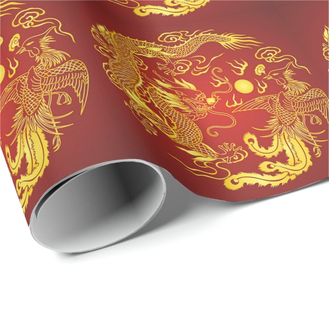 Papel De Presente Favor de Casamento Dragão Vermelho e Fênix Dourado (Ponta do rolo)