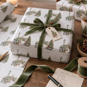 Papel De Presente Fazenda de inverno de neve Aquarela Pinho Árvore d