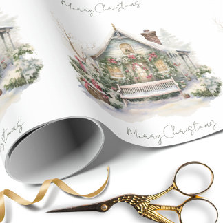 Papel De Presente Fazenda de inverno de neve personalizada Aquarela