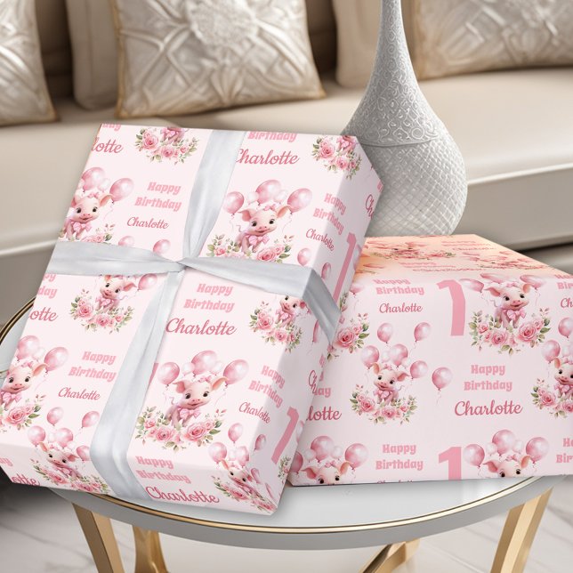 Papel De Presente Fazenda rosa-rosa-rosa-rosa-rosa-primeiro aniversa (Pink Cute Piggy Pink Farm Girl 1st Birthday Wrapping Paper)