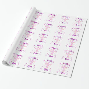 Papel De Presente Fé e Amor Cruz de Rosas com Butterflie Rosa