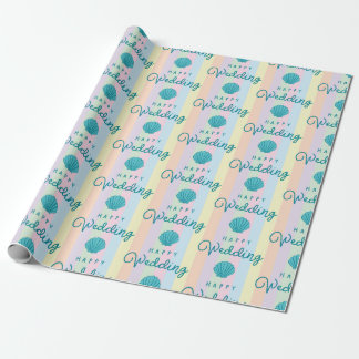 Papel De Presente Felicidade Casamento Texto Azul Conchas Colorido A