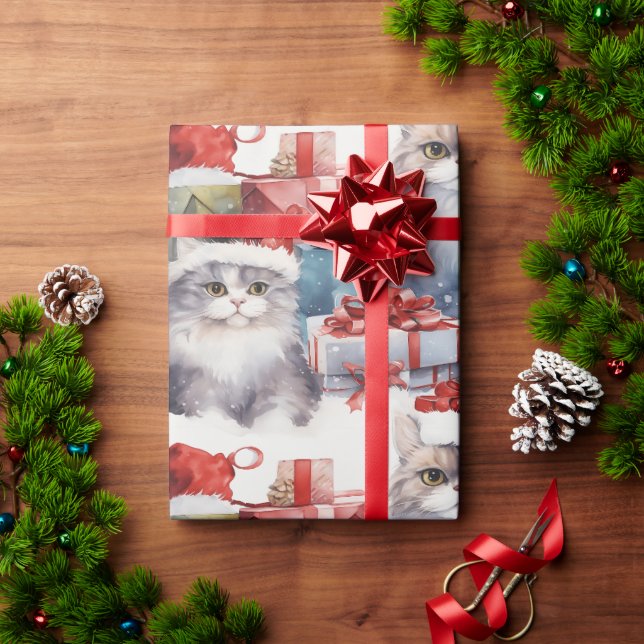 Papel De Presente Felinos bonitos em Chapéus de Papai Noel com prese (Presente de Natal)