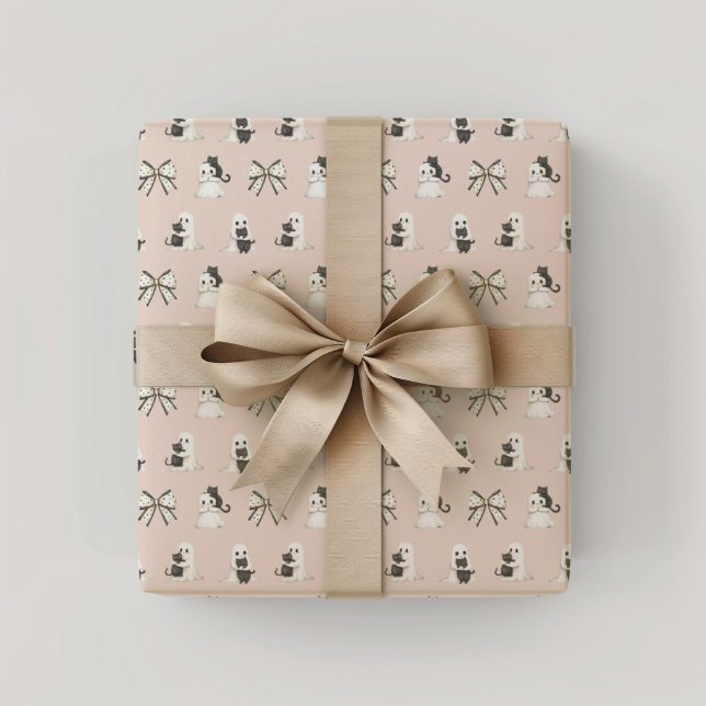 Papel De Presente Felinos e fantasmas no Halloween (Pink Cats and ghosts Wrapping Paper)