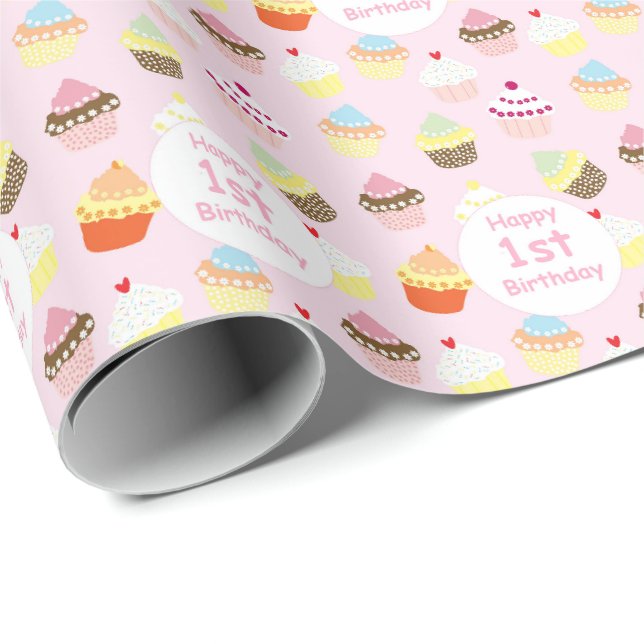 Papel De Presente Feliz 1º Aniversário Cupcake Rosa  (Ponta do rolo)