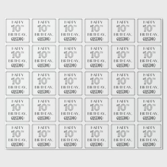 Papel De Presente FELIZ 10º ANIVERSÁRIO; Estilo de Deco de Arte; Nom (Barra)