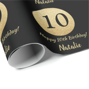 Papel De Presente Feliz 10º aniversário, preto e Dourado brilho