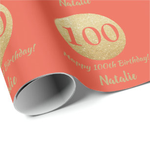 Papel De Presente Feliz 100º aniversário Coral Laranja e Dourado b
