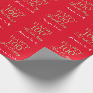 Papel De Presente Feliz 100º aniversário Dourado Brilho e Vermelho