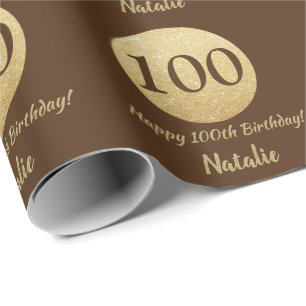 Papel De Presente Feliz 100º Aniversário Marrom e Dourado Brilhant
