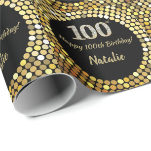 Papel De Presente Feliz 100º aniversário, negro e Dourado brilho