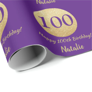 Papel De Presente Feliz 100º Aniversário Roxo e Dourado Brilhante