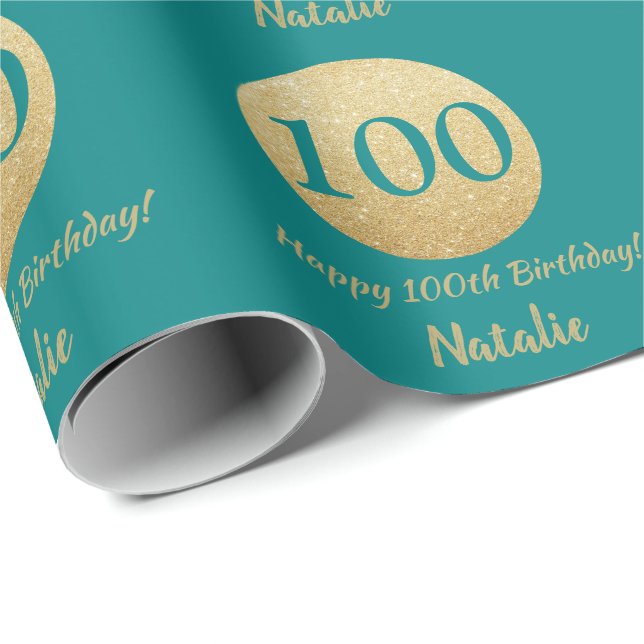 Papel De Presente Feliz 100º Aniversário Teal e Dourada Glitter (Ponta do rolo)