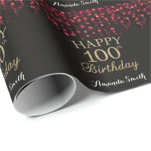 Papel De Presente Feliz 100º Aniversário Vermelho Preto e Dourado 